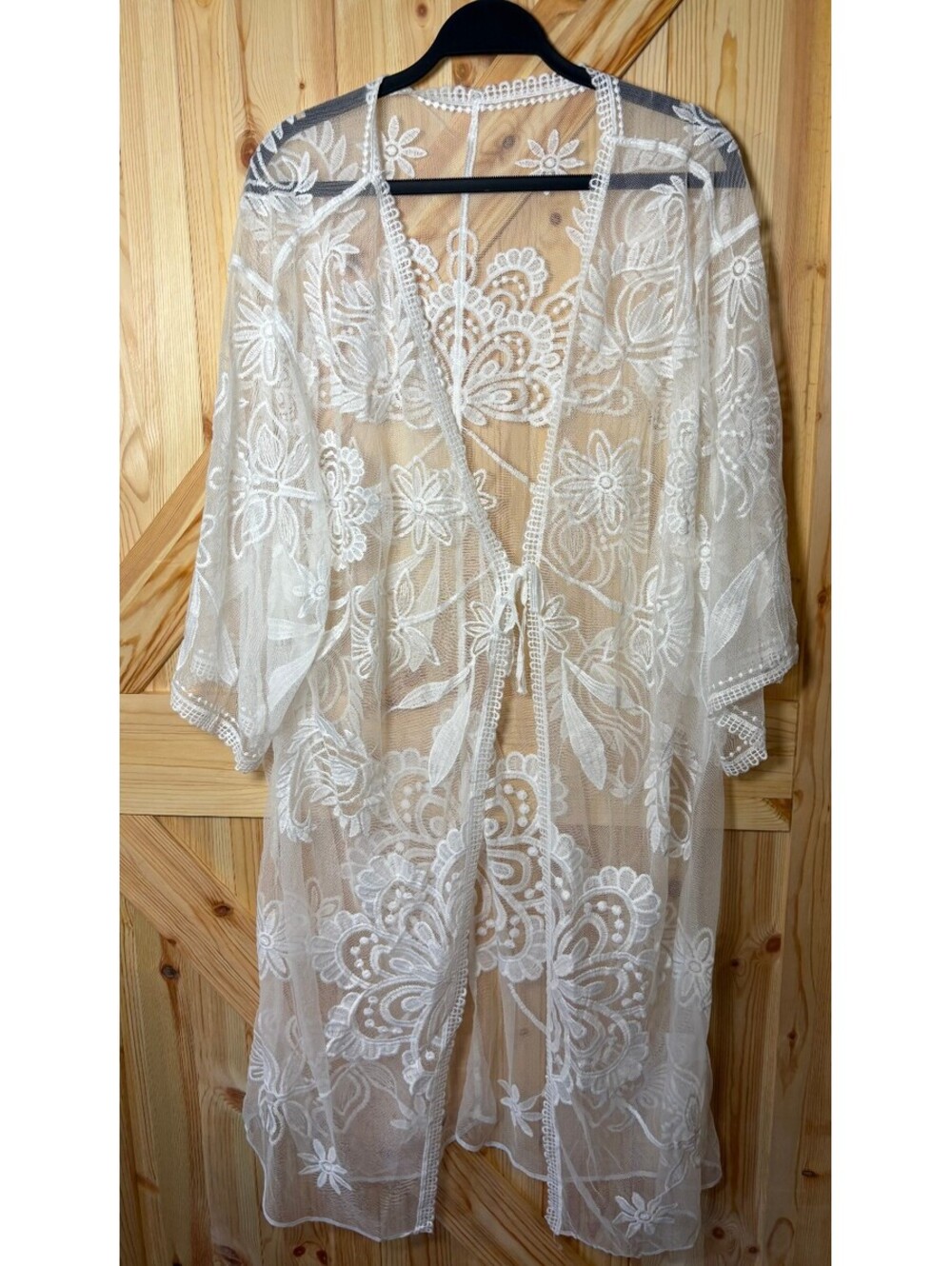 White Sheer Floral Embroidered Kimono Robe 3XL